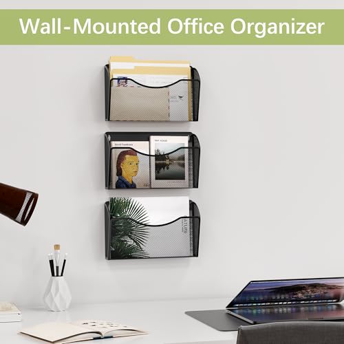 EasyPAG 3 Pack Wall File Organizer, Metal Mesh Hanging File Folder Holder for Letter/A4 Size Folders, Vertical Wall Mount Mail Sorter for Office Paperwork, Classroom, Black - color: Black