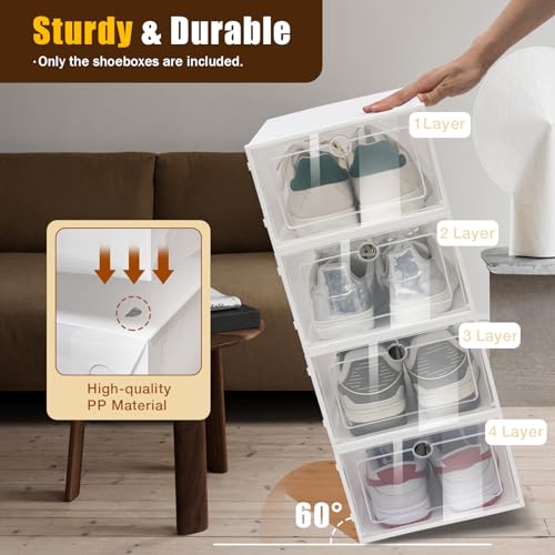 24 Pack Shoes Storage Boxes - Clear Plastic Foldable Stackable Shoe Organizer Containers Bins Holders for Closet Bedroom Small Space, 33x23x14 cm