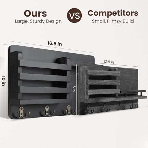 Nekon Mail Holder for Wall Mail Organizer with Key Hooks Hallway Farmhouse Decor Storage Racks with Floating Shelf and Flush Mount Hardware (16.8Inch x 10Inch x 3.2Inch) - color: Black
