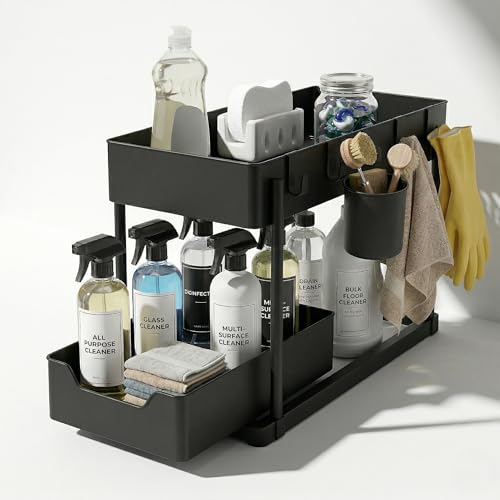 Under Sink Organizer – 2 Tier Sliding cabinet organizer with 4 Hooks & 1 Cup | Multi-Purpose Space Saving Shelf for under kitchen sink storage, Countertop, Bathroom, Pantry & Office Organization