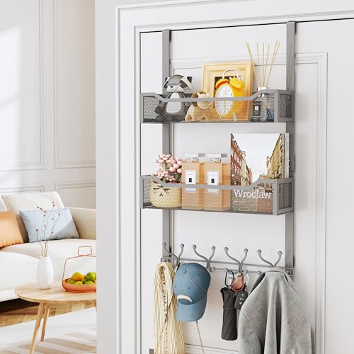 SWTYMIKI Over The Door Hooks Organizer - Multi-Functional Door Hanger with 16 Hooks & 2 Mesh Baskets, Long Coat Rack for Bathroom, Bedroom, Living Room, Home Storage Organizer, Gray - color: Gray