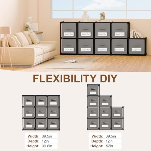 Geelin 9 Cube Storage Organizer with Fabric Bins and Labels 11 Inch, Fabric Collapsible Cubby Clothes Storage Drawer Dresser for Bedroom Living Room Office Organization - color: Gray
