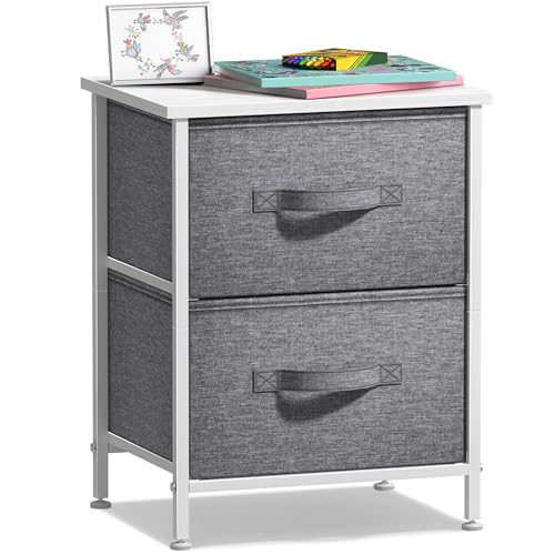Sorbus Nightstand with 2 Drawers - Bedside Furniture End Table Night Stand with Steel Frame, Wood Top & Easy Pull Fabric Bins - Small Dresser & Chest for Home, Bedroom Accessories & Office - color: White, style: 2 Drawer