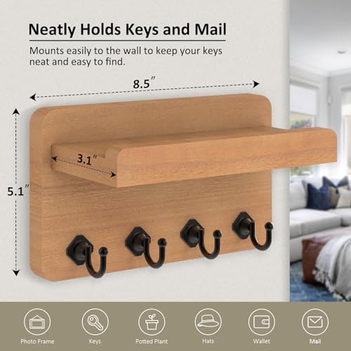 Nekon Key Holder Wall Mount, 8.5 Inch Small Home Decor Wooden Wall Organizer with 4 Hooks and Shelf, Key and Mail Holder for Living Room Entryway Kitchen (Wood) - color: Wood