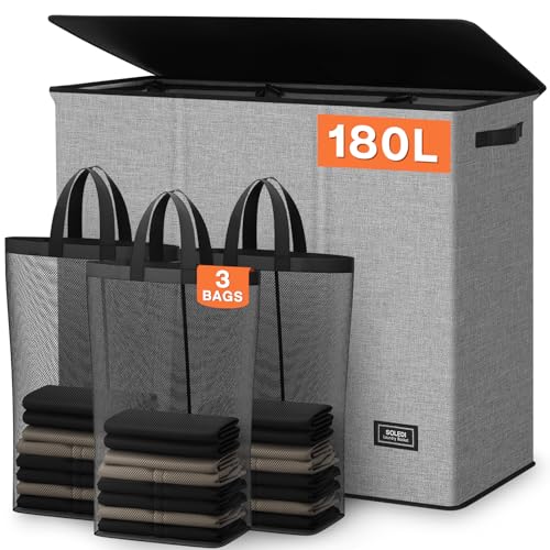 SOLEDI 180L Laundry Hamper 3 Section, Extra Large Laundry Hamper with Lid, Dirty Clothes Hamper with Sturdy Handle, Large Laundry Basket Organizer for Laundry Room, Bedroom, Hampers for Laundry - color: Grey, size: 180L
