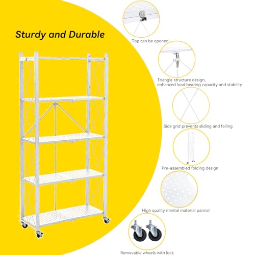 BRIAN & DANY 5-Tier Foldable Storage Shelves with Wheels, Folding Metal Rack Shelving Unit, Heavy Duty No Assembly Organizer Shelf for Garage, Kitchen, Basement, Pantry, White - color: White, size: 5-tier