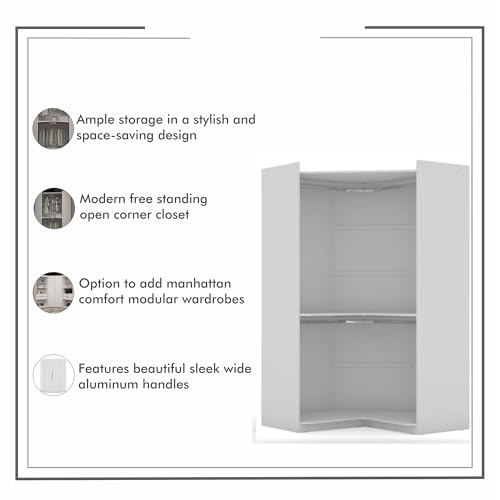 Manhattan Comfort Mulberry Modern Free Standing Corner Wardrobe Closet with Rounded Hanging Rods, Open Shelving & Finished Back for Room Divider, Space-Saving Storage Solution, White - color: White