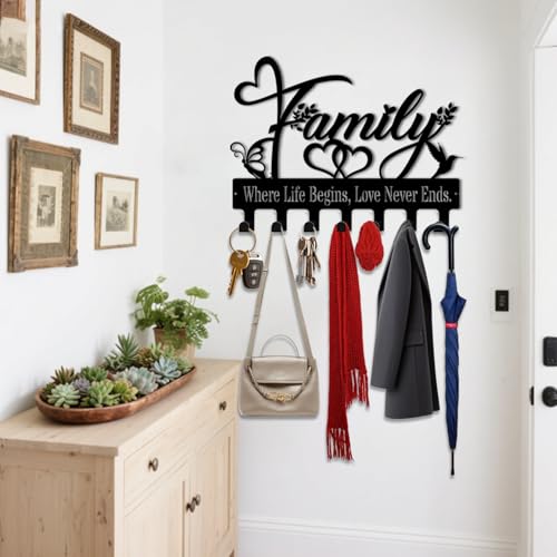 Key Holder Wall Mount, Family Where Life Begins, Love Never Ends Sign, Key Holder Wall for Wall Decorative with 6 Hooks, Organizer Rack Hanger for Entryway, Front Door, Hallway, Office 9.8 inches - color: Family Where Life Begins