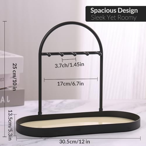 Shinpuru Metal Jewelry Organizer Stand & Key Holder Tray with Acrylic Base, Key Stand and Jewelry Tray with 5 Hooks, Perfect Key Bowl, Valet Tray, Ring Holder, Jewelry Dish (Matt Creamy) - color: Matt Creamy