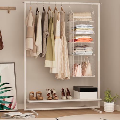 X-cosrack Closet Hanging Organizer and Storage - 5 Tier Hanging Shelves, Wire Closet Shelf Organizer Basket with Adjustable Dividers for Home Clothing Sweaters Shoes Handbags - color: White, size: Small