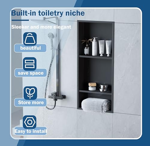 Stainless Steel Niche for Shower Wall，Shower Niche Insert Tile Ready ，Organizer Storage for Room，3-Tier Shelves ，Matte Black (Black，30 * 12 in) - color: Black, size: 30 * 12 in