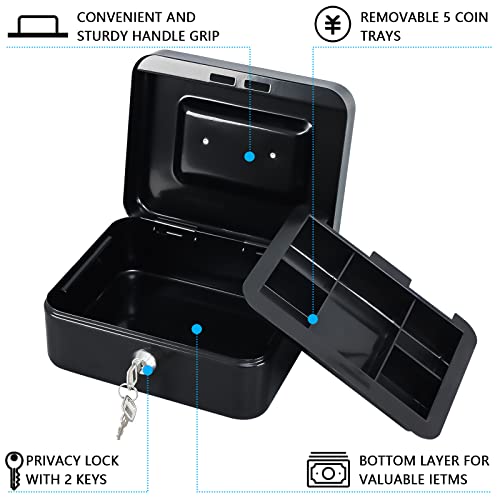 KYODOLED Medium Cash Box with Removable Money Tray, Key Lock Metal Storage Box with 2 Keys & Portable Handle, Safe Cash Drawer, 7.87"x 6.30"x 3.54", Black - color: Black, size: Medium