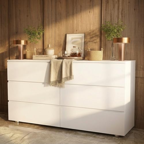 FAMAPY 6 Drawer Dresser for Bedroom, Sturdy Wooden Chest of Drawers with Wide TV Stand Surface, Minimalist Handle-Free Design, Double Dresser Cabinet White 59”W x 15.7”D x 32.3”H - color: White-upgraded