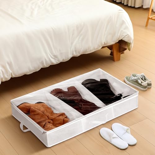 SATINIOR 3 Pcs 3 Section Under Bed Shoe Storage Boot Bag White Underbed Shoe Organizer with Large Clear Pockets Fabric for Storage Men's and Woman's Boots - color: White
