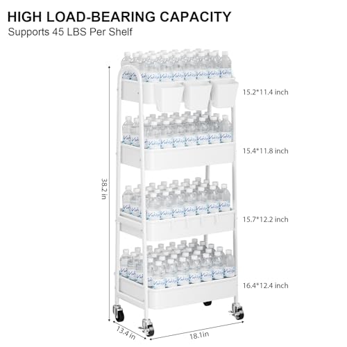 White 4 Tier Rolling Cart Metal with Wheels, Heavy Duty Utility Storage Organizer Carts on Wheels, Four Tiered Roller Cart for Kitchen, Book, Snack, Craft, Art, Dorm, Large Capacity Basket, 38in Tall - color: Simple White, size: 4 tier