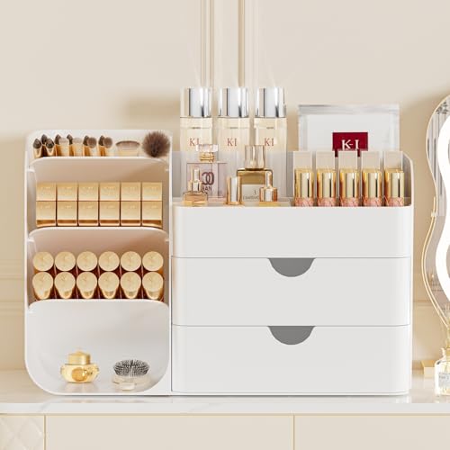 Makeup Organizer with Drawers, Large Capacity Countertop Organizer for Vanity, Bathroom and Bedroom Desk Cosmetics Organizer, Easy To Storage Skincare, Brushes, Eyeshadow, Lipstick (All White) - color: All White, size: Medium
