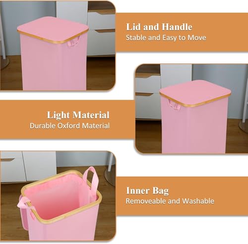iEGrow Laundry Hamper, Narrow Laundry Basket with Lid,Foldable Clothes Hamper with Bamboo Handles,Hamper Basket with Removable Inner Bag for Laundry Room Bedroom College Dorm (Pink, 110L with Wheels) - color: Pink, size: 110L with Wheels
