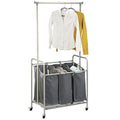 mDesign Portable Laundry Sorter with Wheels and Garment Hanging Bar - Heavy Duty Metal Cart System with 3 Hamper Laundry Sorter Basket Organizers and Drying Rack - Satin/Dark Charcoal Gray