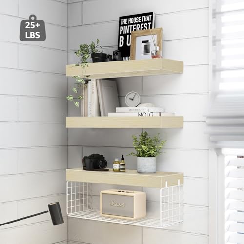 QEEIG Bathroom Shelves Over Toilet - Wall Mounted Floating Shelves Toilet Paper Storage Small Farmhouse Decor Shelf 16 inch Set of 3, Natural (019-BNW3) - color: E. Natural, size: 3pcs