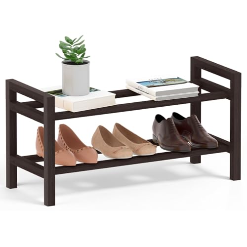 Haddockway Bamboo Shoe Rack for Closet, Free Standing Shoe Organizer with Smooth Round Rods & Convenient Handles, Stackable Shoe Storage Shelf for Entryway, Hallway(Brown, 2-Tier(Small)) - color: Brown, size: 2-Tier_Small