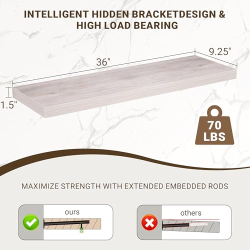 Acovy 36 Inch Floating Shelves, 3D Textured Wood Grain, 36"x9.25"x1.5" Inch Deep Floating Shelves for Wall, Wooden Shelves for Bathroom, Bedroom, Living Room, Washed White, 2 Pieces - color: Washed White, size: 36"x9.25"-2pcs