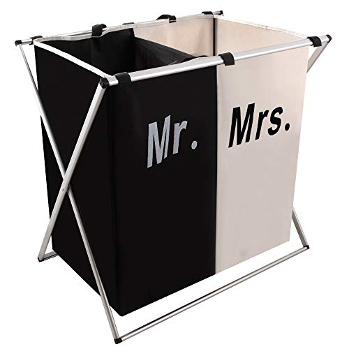 Nicesail Laundry Hamper 2 Section for Husband&Wife Parents or Couple, Clothes Basket Laundry Wedding Gift, Washing Storage Basket with Handle, Waterproof Bag Foldable Aluminum Frame Bathroom Bedroom - size: M 2 sections