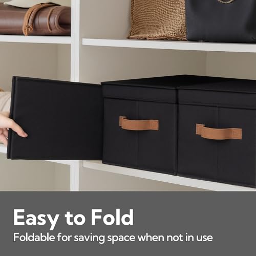 StorageWorks Black Storage Bins with Lids, Decorative Storage Boxes with PU Handles, Foldable Storage Baskets for Closet, Shelves, Stackable, Large, 3-Pack - color: Black, size: Large