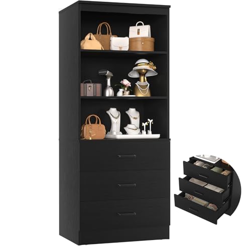 Aheaplus 23.6" Closet Drawers System, Wood Closet Organizer System with 3 Drawers, Modular Small Walk-in Closets Storage Unit, Black (23.6" L x 13.8" W x 71" H) - color: Black, size: 23.6''