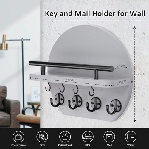 Nekon Key Holder for Wall - 9.8 Inch Apartment Wall Decor with Shelf and 8 Key Hooks, Circular Wood Key Hanger for Home Decor (Gray) - color: Gray