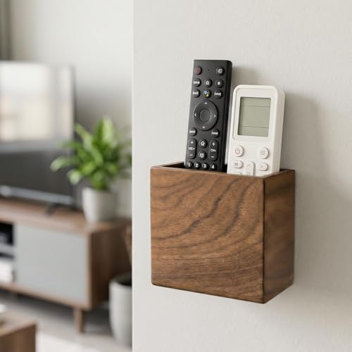 Remote Holder Hole-Free, Self-Adhesive Storage Wooden Box, Wall Mounted or Desk Mounted Container - size: Small