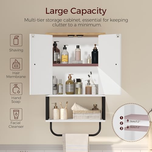 MAHANCRIS Bathroom Wall Cabinet with 2 Door and Adjustable Shelf, Medicine Cabinet with Towel Rack, 3-Tier Wall Mounted Storage Cabinet Over The Toilet for Bathroom Laundry Room, White and Natural - color: White and Natural, size: 15"L x 7.9"W x 26.1"H