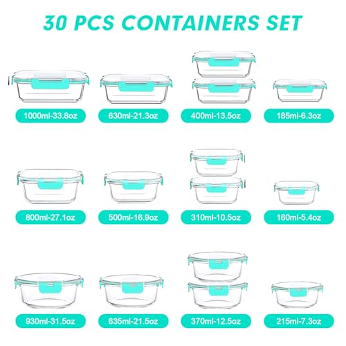 VERONES 30 Pieces Glass Meal Prep Containers Set, Stackable Glass Food Storage Containers with Lids-Airtight Lunch Containers，for Microwave, Oven, Freezer & Dishwasher,Green - color: Green
