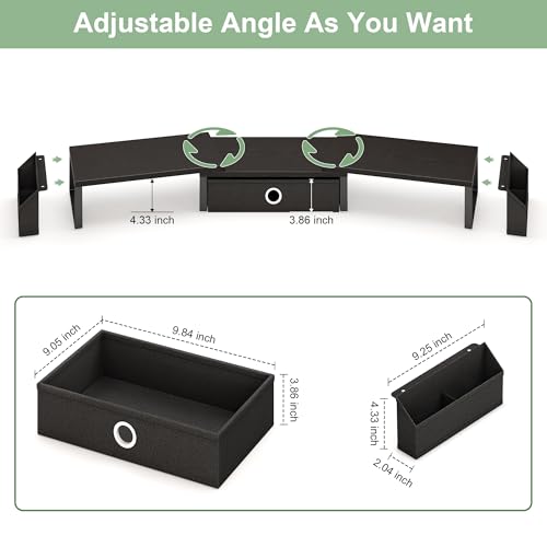 Dual Monitor Stand Riser w/ Drawer & Metal Leg, Large Computer Monitor Riser w/ Storage For 2 Monitors, Desk Shelf For Monitor w/ Adjustable Length & Angle, Desktop Organizer For Laptop/TV/Printer