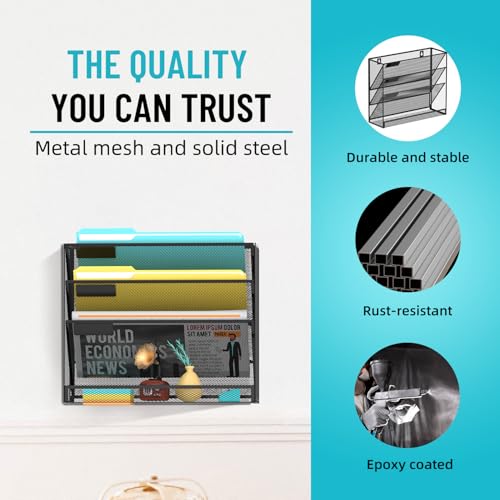 SUPEASY Wall File Organizer Mesh Office Mail Holder, Hanging Wall Organizer Magazine Rack for Office Black, 4 Tier - color: Black, size: 4-Tier