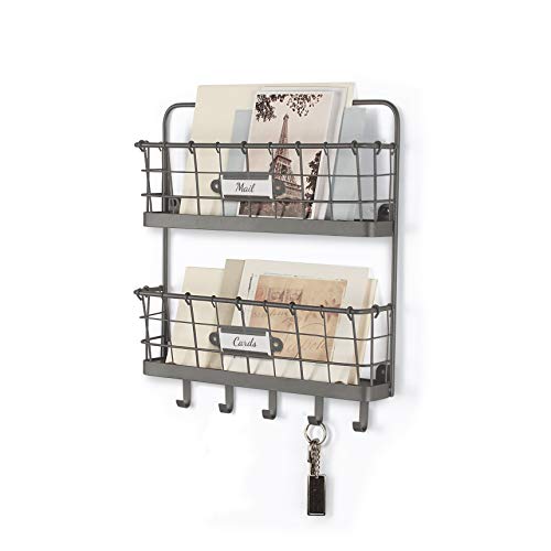 Spectrum Mail and Key Organizer for Wall, Vintage 2-Tier Mail Holder for Wall with 5 Key Hooks, Farmhouse Entryway Key and Mail Holder, Hanging Mail Organizer Rack for Letters Bills, Industrial Gray - color: Industrial Gray