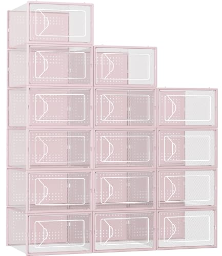Foluck Shoe Storage Box, 15 Pack Clear Plastic Stackable Shoe Organizer for Closet, Interlocking Design Shoe Container Bins for Sneakers, Foldable Shoe Rack with Lids, Pink - color: Pink