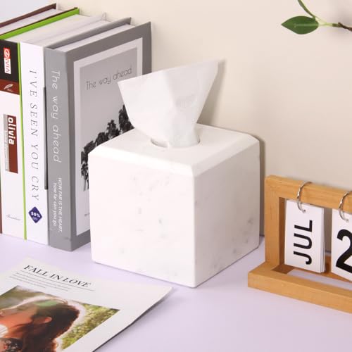 Natural Marble Square Tissue Box Cover,Stone Modern Decorative Sturdy Napkin Box Holder Case,Facial Paper Organizer for Bathroom Vanity Toilet Countertop,Kitchen (1, Jazz White, 5.71 * 5.71 * 5.51) - color: Jazz White