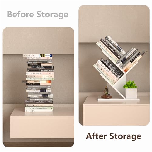 R RUISHENG 3 Tier Small Tree Bookshelf Storage Organizer Shelves Floor Standing Bookcase Desk Wood Storage Rack for Home Office Living Room Bedroom Display for Book Magazine CD manga Warm White - color: Warm White