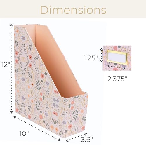 BLU MONACO | Cardboard Magazine File Holder Set of 4 | Standing File Holder with Floral Boho Design | Foldable Cardboard Bins for Shelves Desk Office Storage - color: Floral BOHO