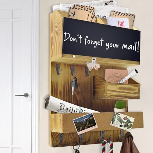 Mail Organizer Wall Mount，Key Holder Mail and Key Organizer for Wall with Shelf, Chalkboard, Corkboard, Home Decor for Room Office Entryway(Light Wood) - color: Light Wood, size: Vertical