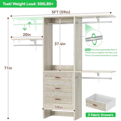 Armocity 5FT Small Closet System with 3 Fabric Drawers, 60'' Walk In Closet Organizer System With 3 Adjustable Shelves, Heavy Duty Clothes Rack Built-In Garment Rack, 59" L x 16" W x 71"H, White Oak - color: White Oak