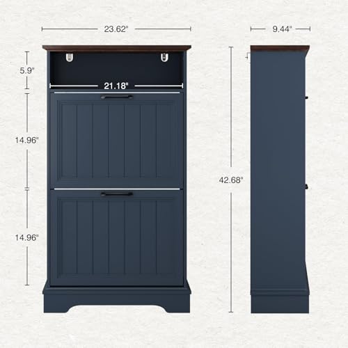 Shoe Storage Cabinet with 2 Flip Drawers, 24" W Farmhouse Modern Hidden Shoes Rack with Adjustable Shelves & Open Storage, Narrow Slim Shoe Organizer for Front Door Entrance, Entryway, Navy Blue - color: Navy Blue, size: 2-Drawers