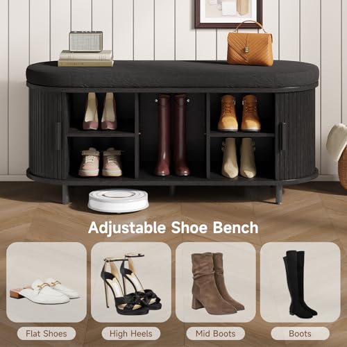 Oval Shoe Storage Bench with Padded Seat Cushion, 2-Tier Fluted Shoe Cabinet with Adjustable Shelves, Mid-Century Bench Compact for Entryway, Hallway, Closet, Front Accent, Foyer, Bedroom, Black