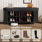 Oval Shoe Storage Bench with Padded Seat Cushion, 2-Tier Fluted Shoe Cabinet with Adjustable Shelves, Mid-Century Bench Compact for Entryway, Hallway, Closet, Front Accent, Foyer, Bedroom, Black