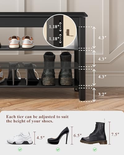 IUNVR Shoe Rack Bench Seat Rubberwood 3-Tier Wooden Storage Bench 550lbs Compact Mid-Century Modern Design for Entryway, Hallway, Closet, Front Door Entrance, Foyer - color: Black-3 Tier(wood), size: 39.4"W x 11.8"D x 20.5"H