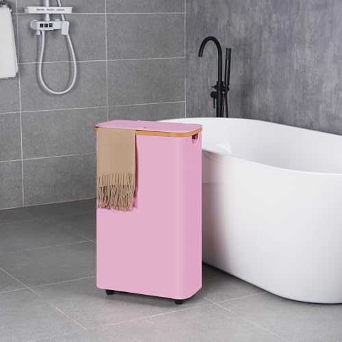 efluky Slim Laundry Basket with Wheels, Narrow Rolling Laundry Hamper with Lid and Removable Bag, Tall Aesthetic Dirty Clothes Hamper on Wheels for Laundry Room, Bedroom, Dorm and Bathroom, 75L Pink - color: Pink, size: 75L