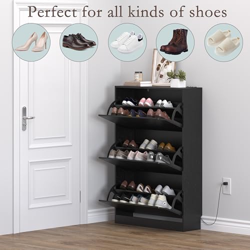 BORNOON Shoe Cabinet with Odor Control and Back Panels, Deodorizing Slim 3-Flip Shoe Storage Cabinet for Entryway, Freestanding Hidden Shoe Rack Organizer for Entrance, Hallway, Bedroom - color: Black, size: Deodorizing 3-Flip