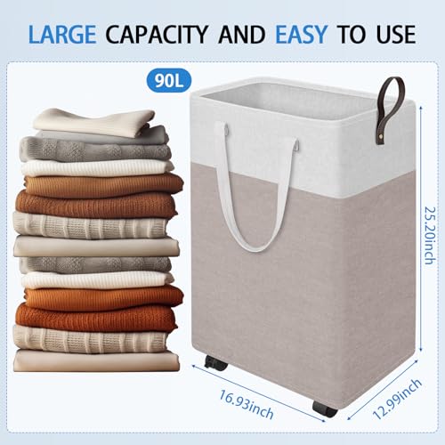 HomeHacks Laundry Basket with Wheels, Rolling Laundry Hamper, Collapsible & Waterproof Clothes Hamper, Narrow Corner Bins with Extended Handles for in the Family & Dorm 90L, Khaki - color: Khaki, size: 90L