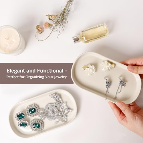 Ceramic Jewelry Tray – Oval Vanity Dish for Rings, Earrings, Bracelets – Minimalist Decorative Trinket Holder for Dresser, Bathroom, Nightstand – Cream White - color: Cream_1pcs