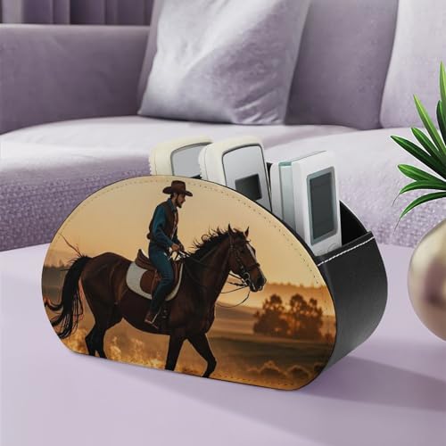 PU Leather Remote Control Organizer Box 5-Slot Multifunctional Cowboys Riding Horses Storage Holder for TV/DVD/Accessories Stylish Desk Decor for Living Room, Bedroom, Office - color: Cowboys riding horses